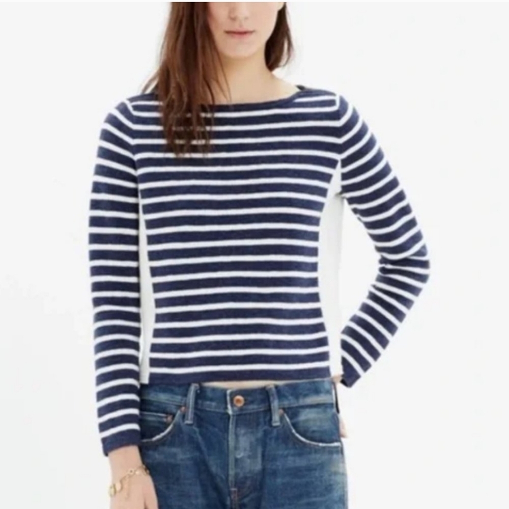 Madewell Wool Blend Navy Blue and White Striped Sweater XS